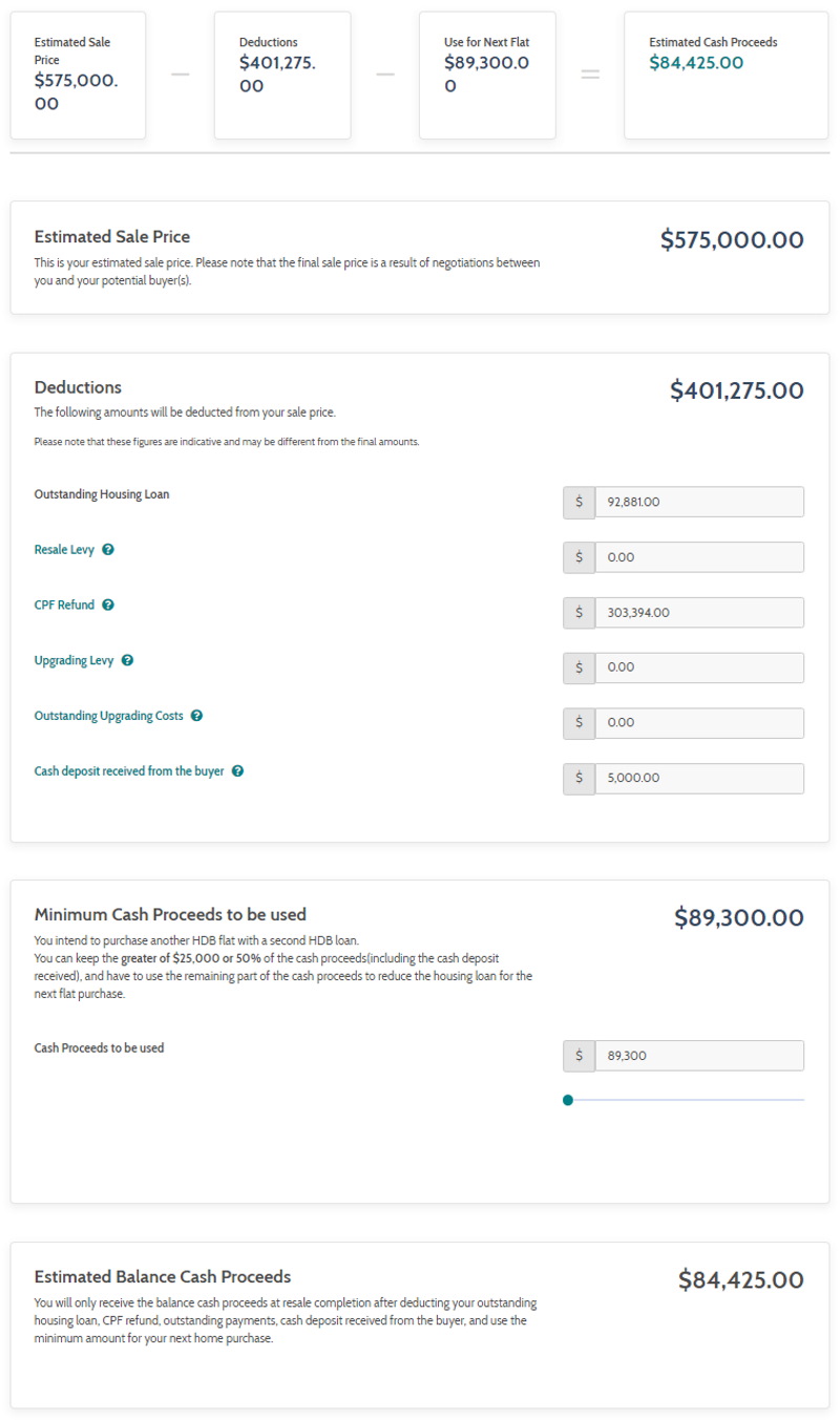 Snapshot of HDB's Sale Proceeds Calculator